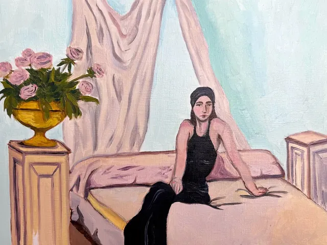 Painting of a woman in black sitting on a bed beside pink roses
