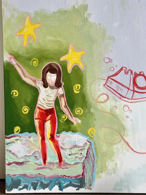 Painting of a girl in red pants dancing on a bed among yellow stars