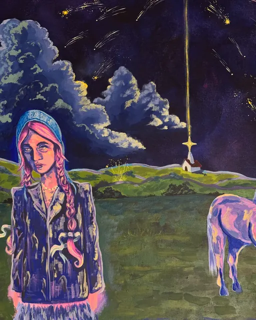 Painting of a girl with pink braids in a field under a night sky and a falling star