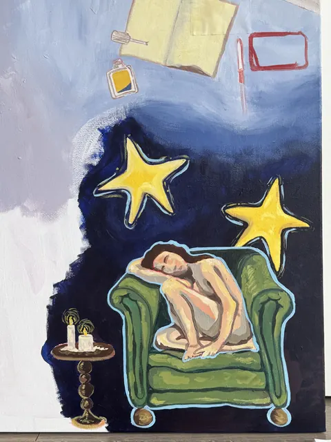 Painting of a woman curled up in a green armchair with yellow stars