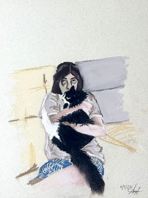 Pastel portrait of a person holding a black cat