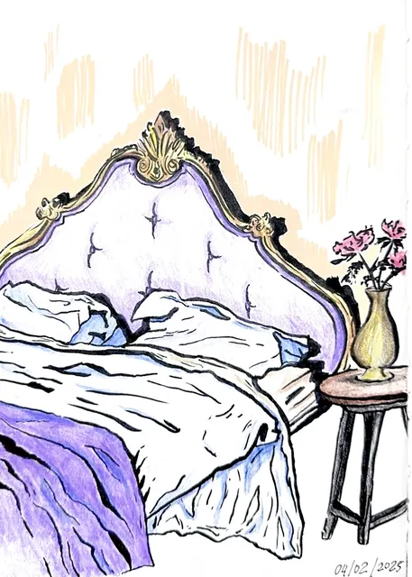 Ink and watercolor drawing of an unmade bed with an ornate headboard