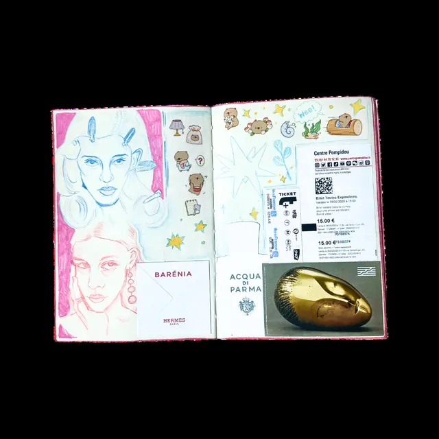 An open sketchbook with drawings, collage and museum tickets