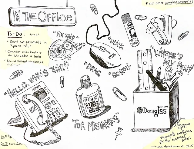 Ink illustration titled In the Office, full of desk supplies and notes