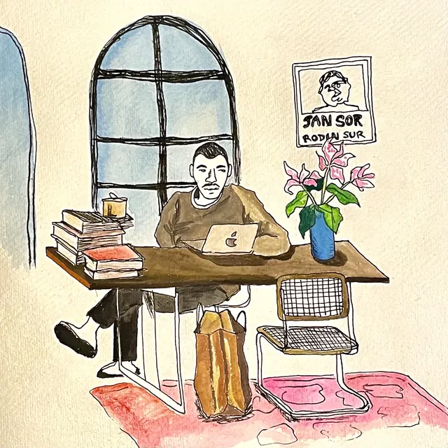 Ink and watercolor drawing of a man working at a desk by an arched window