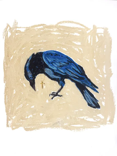 Painting of a blue-black crow on a cream ground