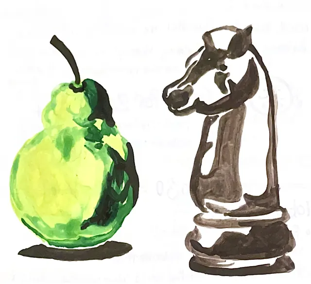 Painted study of a pear and a chess knight