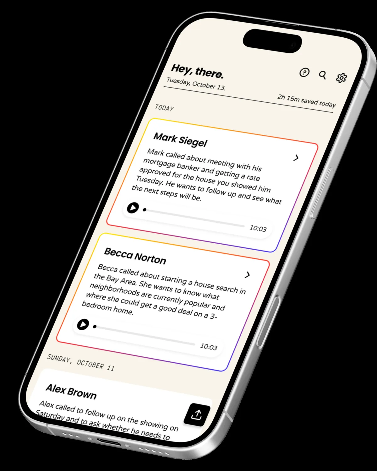 BeBetween on a phone: call summaries for Mark Siegel and Becca Norton, with time saved today