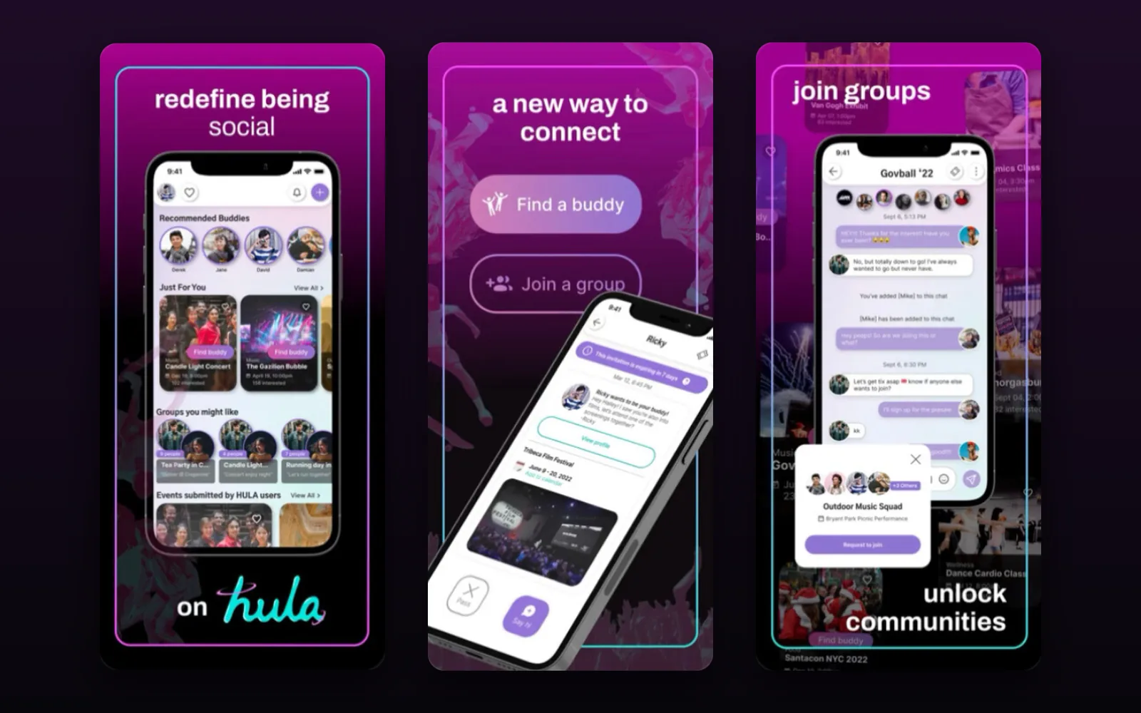 Three Hula App Store screens: redefine being social, a new way to connect, and join groups