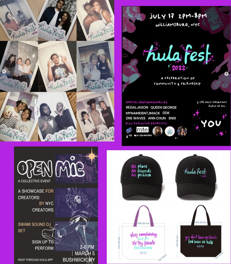 Hula Fest 2022: polaroids, lineup poster, open mic flyer, hats and totes