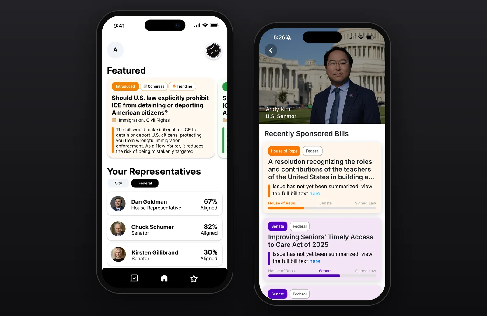 Two Overlap app screens: featured bills with plain-language summaries and how aligned your representatives are, and a senator’s recently sponsored bills