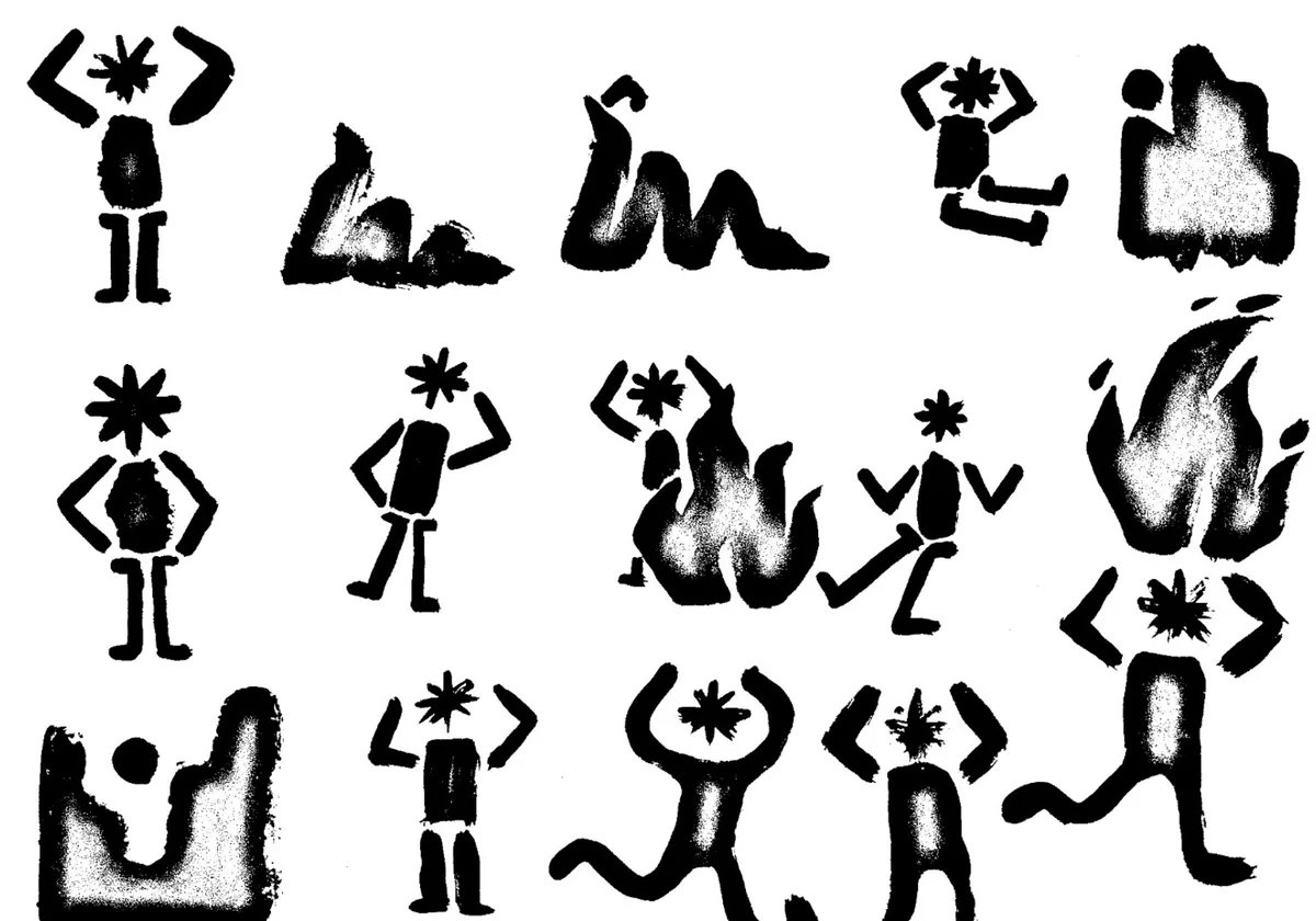 Hand-stamped ink figures and shapes from the Redstone illustration set