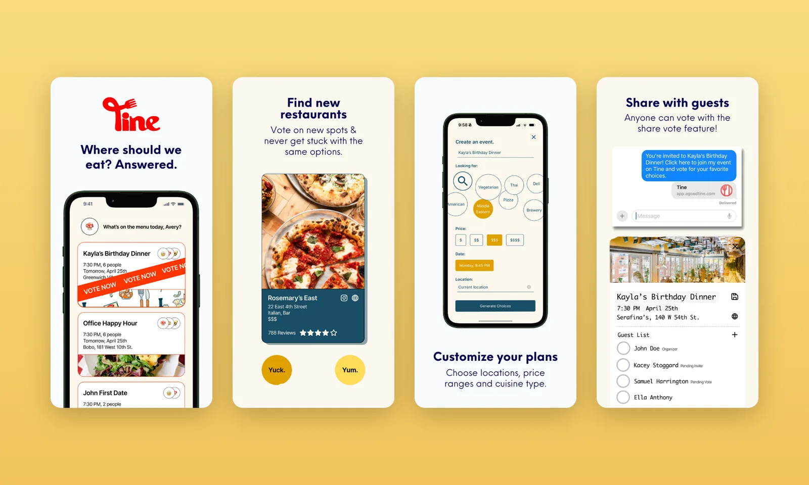 Four Tine App Store screens: where should we eat, find new restaurants, customize your plans, share with guests