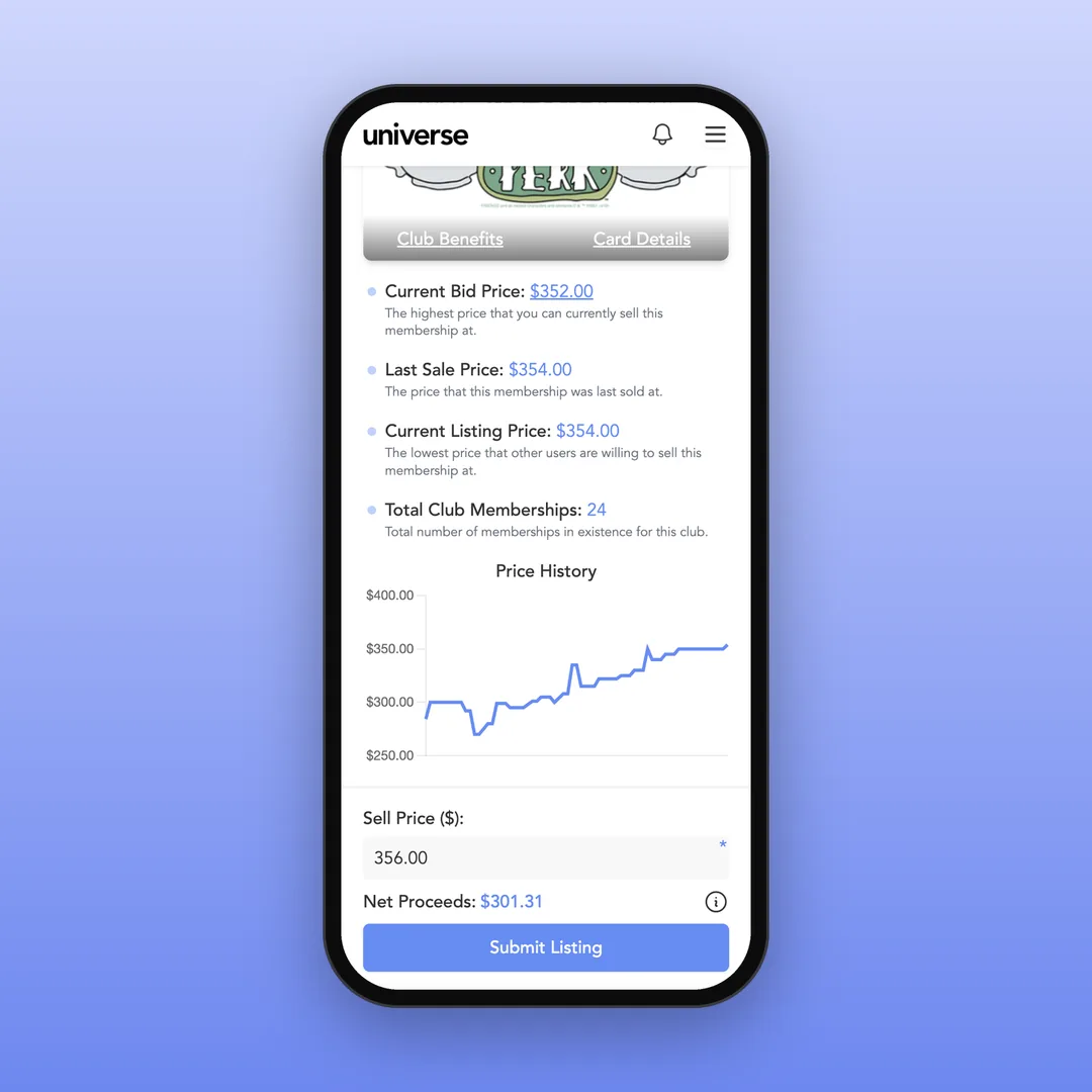 The Universe app on a phone: a membership’s bid, sale and listing prices with its price history